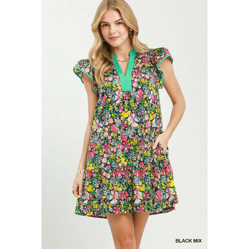 Umgee Floral Flutter Sleeve Tiered Mini Dress